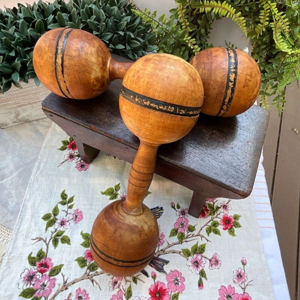 Hand turned wooden hand weights 2 lbs antique primitive weights great patina